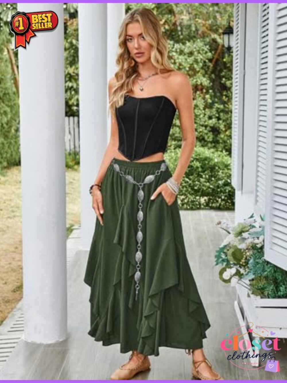 Ruffled Flowy Renaissance Maxi Skirt Women A-Line Double-Layered Pockets - Picture 3 of 6